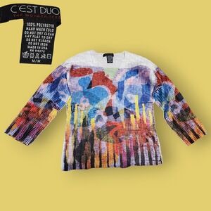 C'est Duo The Wonder-Tee Vintage Popcorn Crinkle Top Artsy Abstract Multi Sz M